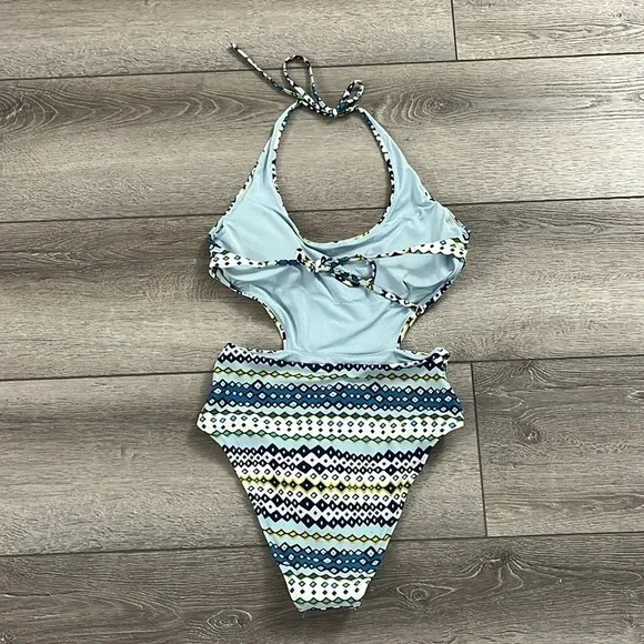 Aerie One Piece Bathing Suit Cut Out Blue Geometric Print Sz m - Picture 3 of 4